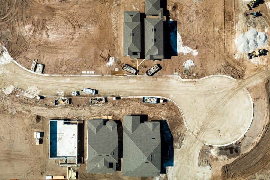 An aerial view of a neighborhood construction project