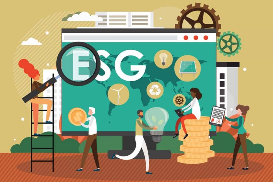The letters ESG overlaid on an illustration of people doing various tasks and interacting with various objects