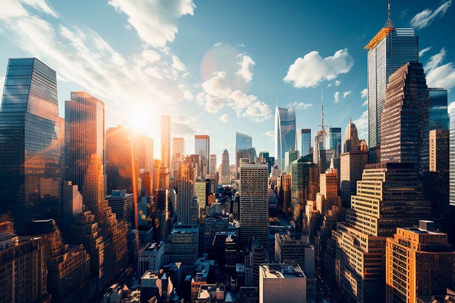 A graphic of many tall city buildings and the sky