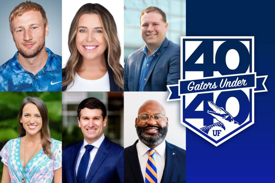 40 Gator Under 40 graphic with Ben Chase, Beht Elletson, Lilly Forreira, Dwayne Thompson, Sam Warfield, Brandon Spikes and Dan Thompson