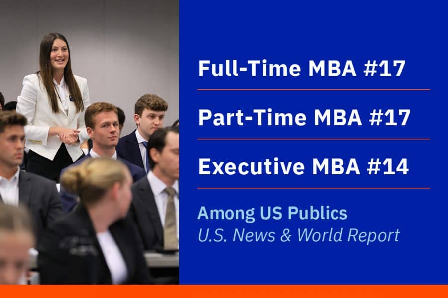 Student standing and speaking to a large room of other students. Text that reads Full-Time MBA #17, Part-Time MBA #17, Executive MBA #14, Among US Publics, US News & World Report.