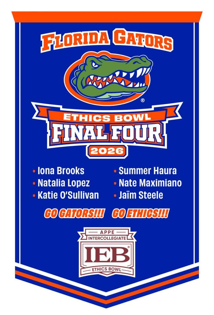 Banner with the Florida Gators logo saying ethics bowl final four with the listed student winners