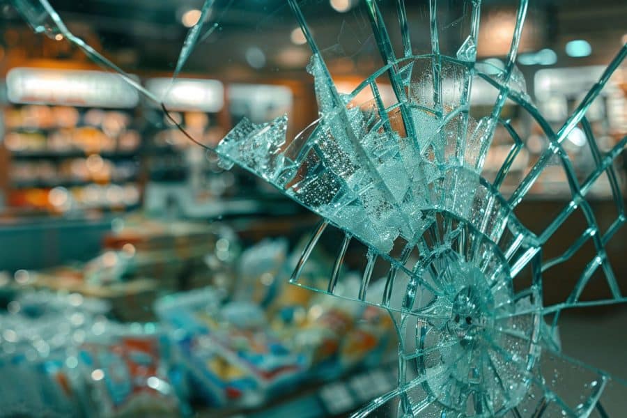 Looking through a store window that has sustained an impact with cracks radiating out from a central point.