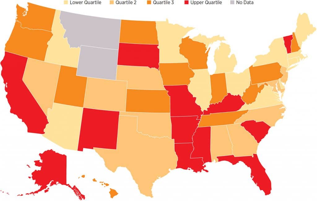 Chart of the US showing state-level average insurance expense as a percent of total expense. Lower quartile: AZ, CT, ID, IL, KS, ME, MA, MI, MN, NY, RI, VA, DC. Quartile 2: AL, CO, DE, GA, MD, NE, NV, NJ, NC, OH, OK, TX. Quartile 3: HI, IN, IA, NH, ND, OR, PA, TN, UT, WA, WV, WI. Upper quartile: AK, AR, CA, FL, KY, LA, MS, MO, NM, SC, SD, VT. No data: MT, WY.
