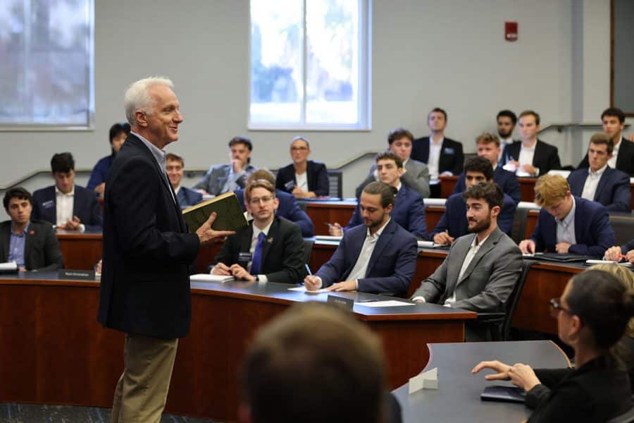David Ling addresses a classroom full of students in Hough Hall.