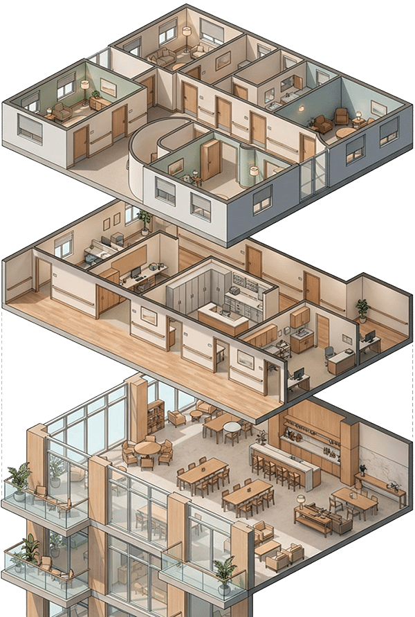 A graphic depicting independent living environment on the bottom, then assisted living environment, and continuing care environment on the top.