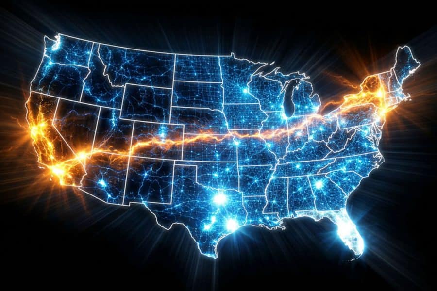 An outline map of the USA with state lines glowing white on a black background. Cities and major highways also glowing with a light blue tint and an erratic orange line from New York City to Los Angeles with both New York and California in an orange hue.