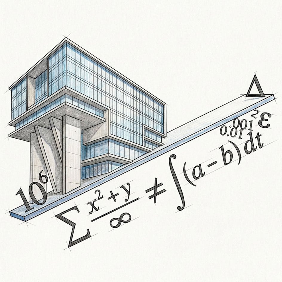 A depiction of an architectural drawing of a building on a slant with numbers and formulas below it.