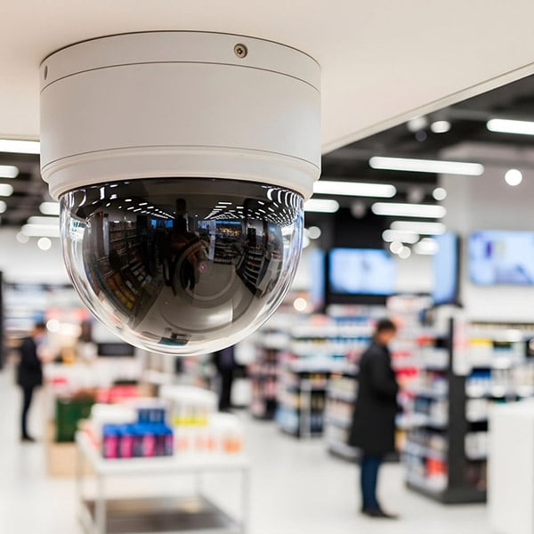 A ceiling mounted surveillance camera in a store