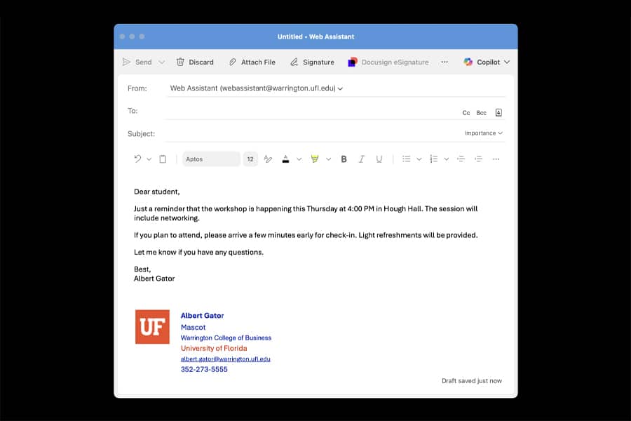 A drafted email showing UF's email signature.