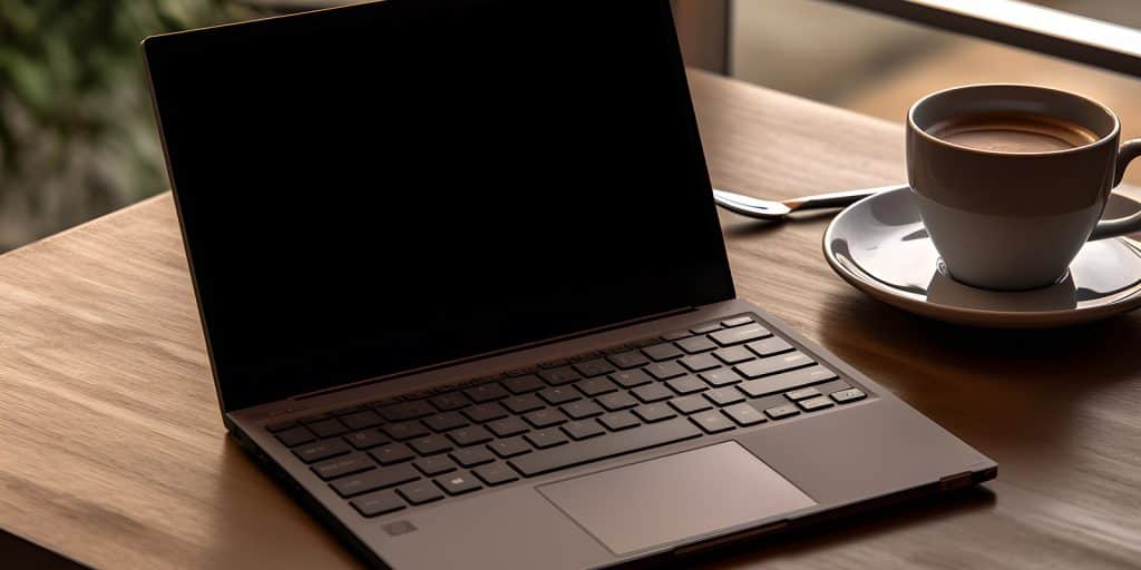 Open laptop on a table next to a coffee cup.