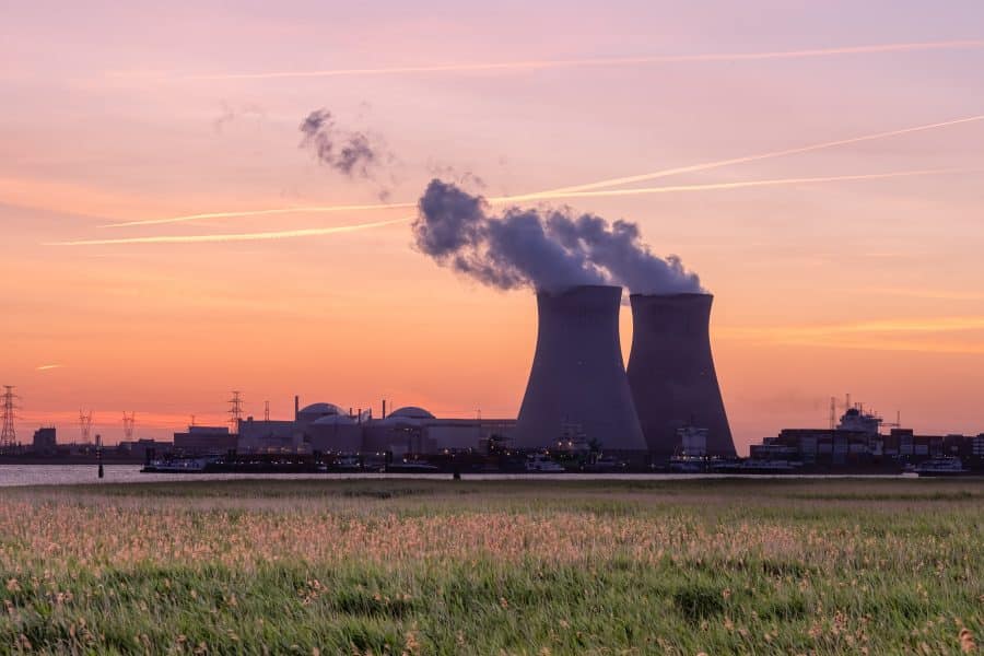 Sunset over the nuclear reactor of Doel in the Port of Antwerp, Belgium.