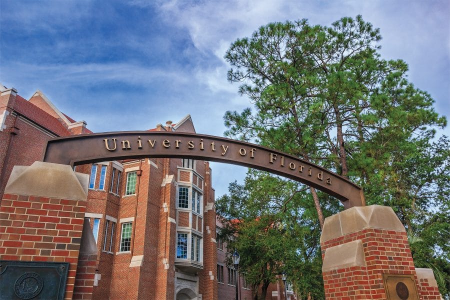 University of Florida arch at the entrance to the Warrington campus.