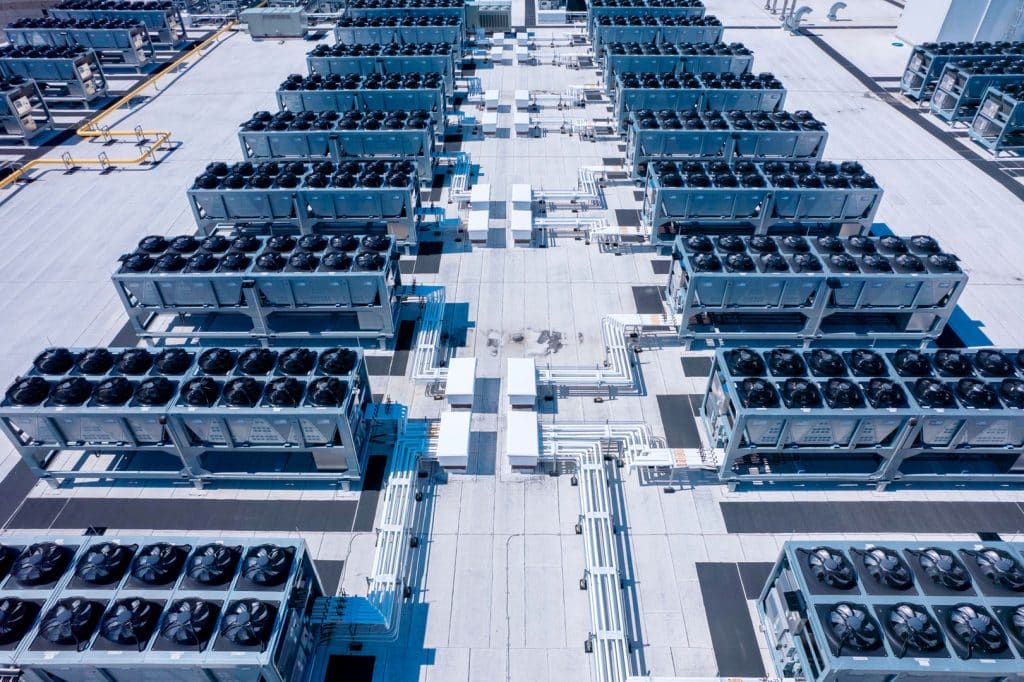 Aerial view of data center with ventilators, advanced technology cooling systems, HVAC at data center rooftop, cooling infrastructure for server operations: Toronto, Ontario, Canada.